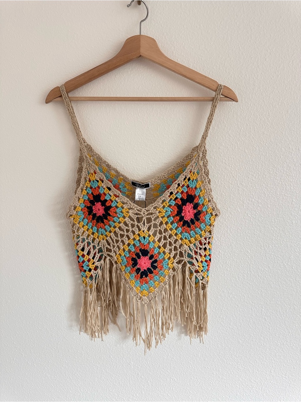 ViVi Beige Crochet Top with Coral, Navy, Turquoise & Yellow Accents